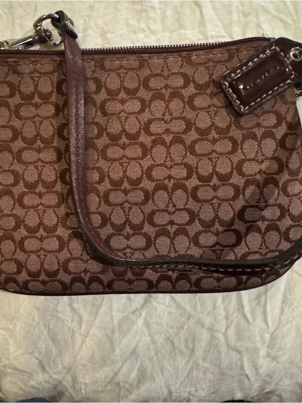 Coach Brown Signature Jacquard Wristlet with Leather Trim